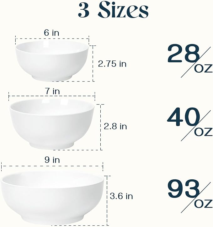 DOWAN Large Serving Bowls, Salad Bowl Set, 86/36/24 Ounces Mixing Bowls for Kitchen, White Soup Bowl, Serving Bowls Set of 3, Ceramic Bowl Sets for Family Party