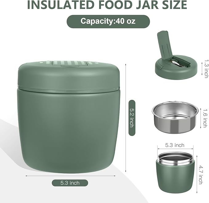 Thermo for Hot Food 32oz, Vacuum Insulated Food Jar for Adults, Stainless Steel Soup Thermo Wide Mouth Leakproof Lunch Containers with Spoon for School Office, Green