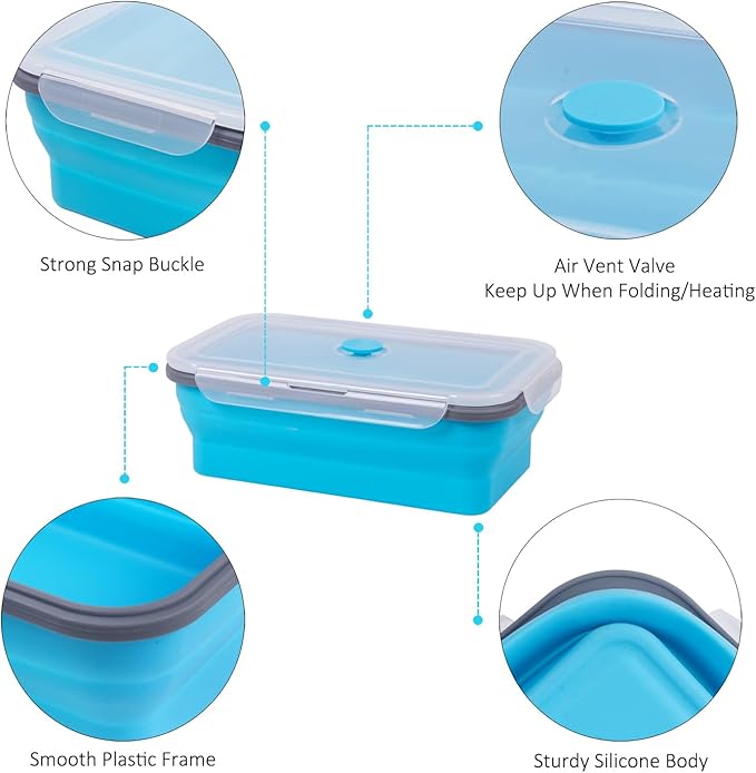 Extra Large Collapsible Food Storage Containers with Lid & Air Vent, 58 oz, 4 Pack, XL Collapsible Marinade Container with Lid Foldable Silicone Containers, Microwave Freezer Dishwasher Safe, Blue