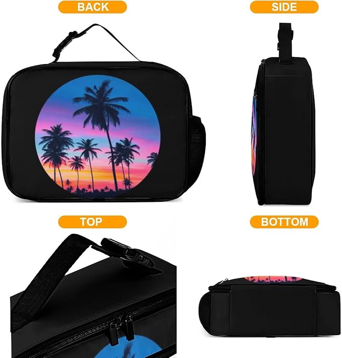 Palm Trees Sunset Reusable Lunch Box Insulated Lunch Bag Cooler Bag Lunchbox Meal Food Container Tote Bag for Women Kids Girls Boy School Camping Hiking Picnic Beach Travel