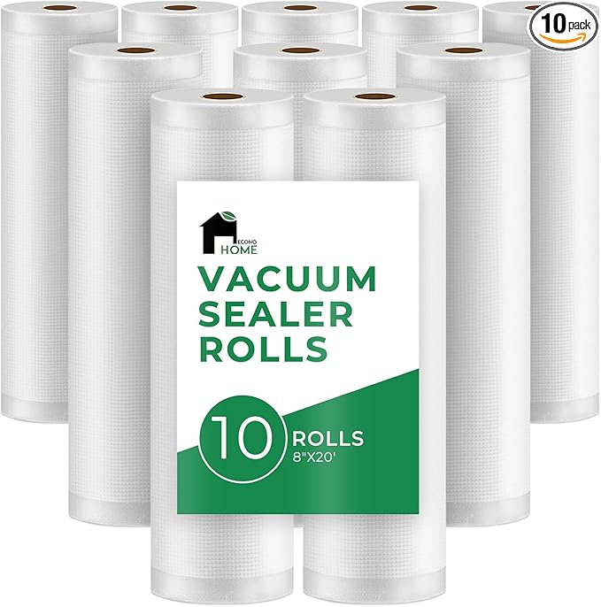 EconoHome Heavy Duty Vacuum Seal Bags for Food - Commercial-Grade, Airtight & Leakproof Plastic Vacuum Storage Bags for Sous Vide, Meal Preparation, Processing & Dry Aging Meat - 8"x20' Roll, 10 Pack