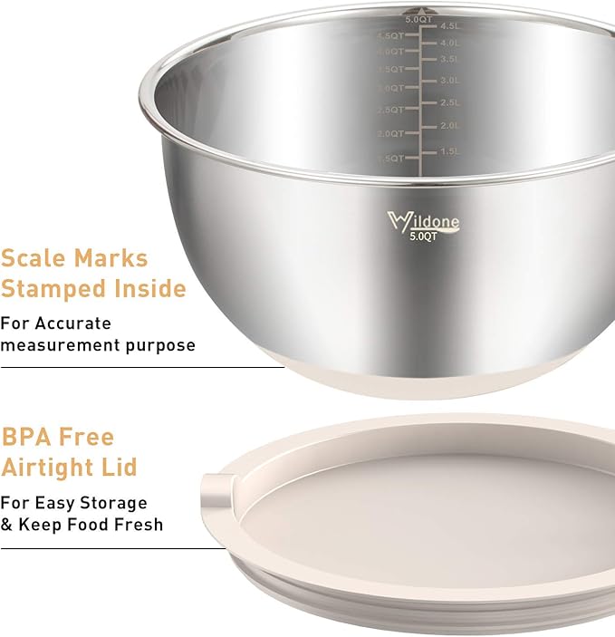 Wildone Mixing Bowls with Lids Set, 5PCS Stainless Steel Khaki Nesting Bowls with 3 Grater Attachments, Measurement Marks & Non-Slip Bottoms, Size 5, 3, 2, 1.5, 0.63 QT, Great for Mixing & Serving