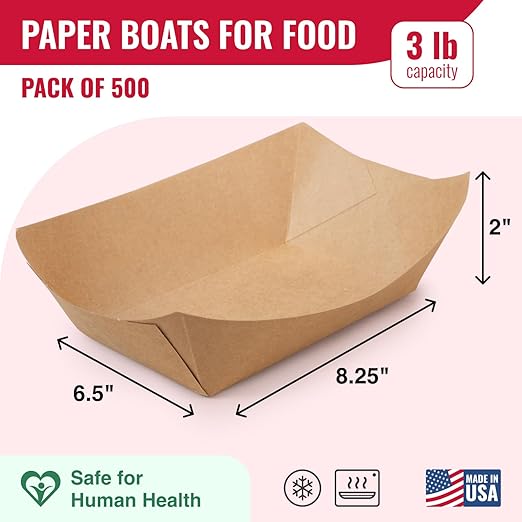 IDL Packaging 3 lb Kraft Paper Food Trays (Pack of 500) - Food-Safe Poly Coated for Extra Moisture Resistance - Proudly Made in USA - Serving Tray for Fries, Burgers, Appetizers
