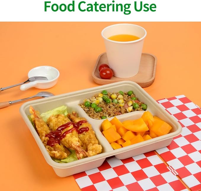 Bloomoom 100 Pack 3 Compartment Paper Bowls, Deep Disposable Lunch Trays with 3 Compartment, Microwavable for Food Services at Party, Church, Food Court