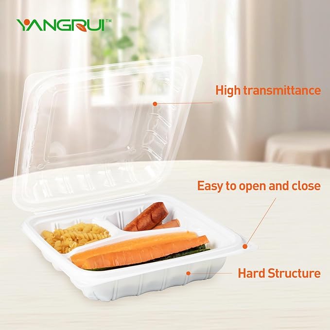 YANGRUI To Go Containers, Reusable Anti-Fog Shrink Wrap 25 Pack 8 x 8 Inch 34 OZ White Plastic Meal Prep Boxes BPA Free Microwave Freezer Safe 3 Compartment Clamshell Take Out Container