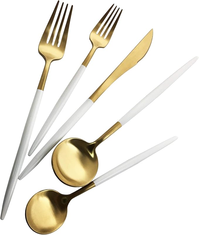 Silverware Set, Hand polished Matte Gold White Flatware Cutlery Set Service for 2, Satin Finish 10 Pieces 18/10 Stainless Steel Utensils Set for Home and Restaurant, Dishwasher Safe