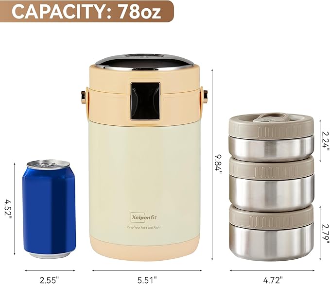 78 oz Adults Stainless Steel Vacuum Insulated Wide Mouth Soup Food Thermos Hot Food Jar with Keep Thermal Portable 3 Tier Stackable Bento Hot Food Containers Lunch Boxes (White)