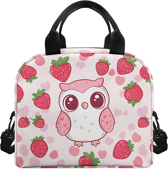 Showudesigns Owl Lunch Bag for Kids Girls Lunch Boxes for School 10-12 Strawberry Bento Cooler Bag Cute Insulated Lunchbox Container Picnic Bags Crossbody Purse Pink