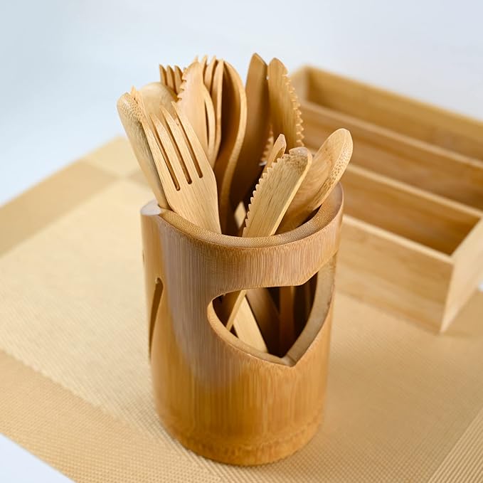 Bamboo Cutlery Reusable with Silverware Organizer, 16Pcs Flatware Set with Bamboo Forks Spoons Knives, Reusable Cutlery with Portable Storage Case for Home and Travel Camping Hiking