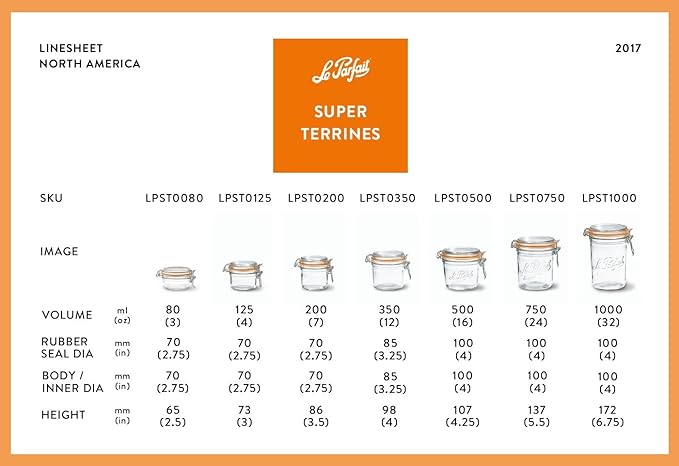 Le Parfait Super Terrine Jar | 16oz/ Pint (Pack of 4) 500ml French Glass Jar, Airtight Rubber Seal & Glass Lid | Glass Jars for Kitchen Organization and Storage Containers for Kitchen Essentials