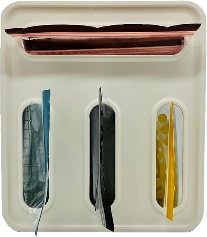 Storage Freezer Bag Organizer, Drawer or Wall Mount Kitchen Storage organizer, 4-Slots, Fits all the most common food bag sizes Gallon, Sandwich, Snack, Quart (Beige)