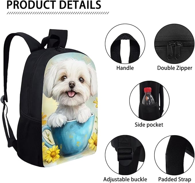 Dolyues Sunflower White Dog Girls BackpackSet: 17 Inch School Bag with Name Tag, Coordinating Lunch Box Bag & Butterfly Pencil Case - Perfect for Birthday & Back-to-School