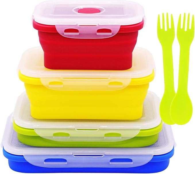 Set of 4 Collapsible Silicone Food Storage Containers With Lids,Leftover Meal Box For Kitchen, Microwave,Dishwasher and Freezer Safe, Foldable Bento Lunch Boxes, BPA Free