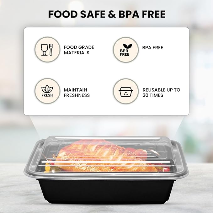 Klex 28 Oz, 150 Sets Meal Prep Containers with Airtight Lids, BPA Free, Reusable Plastic Food Container, 28 oz, Rectangular, Black/Clear, 150 Sets