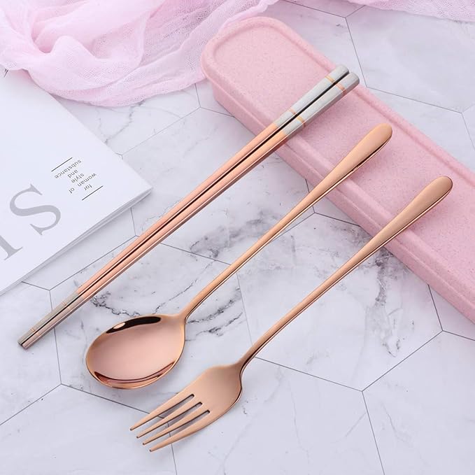 3 Piece Portable Flatware Set, Chopsticks, Fork and Spoon with Travel Case, Rose Gold