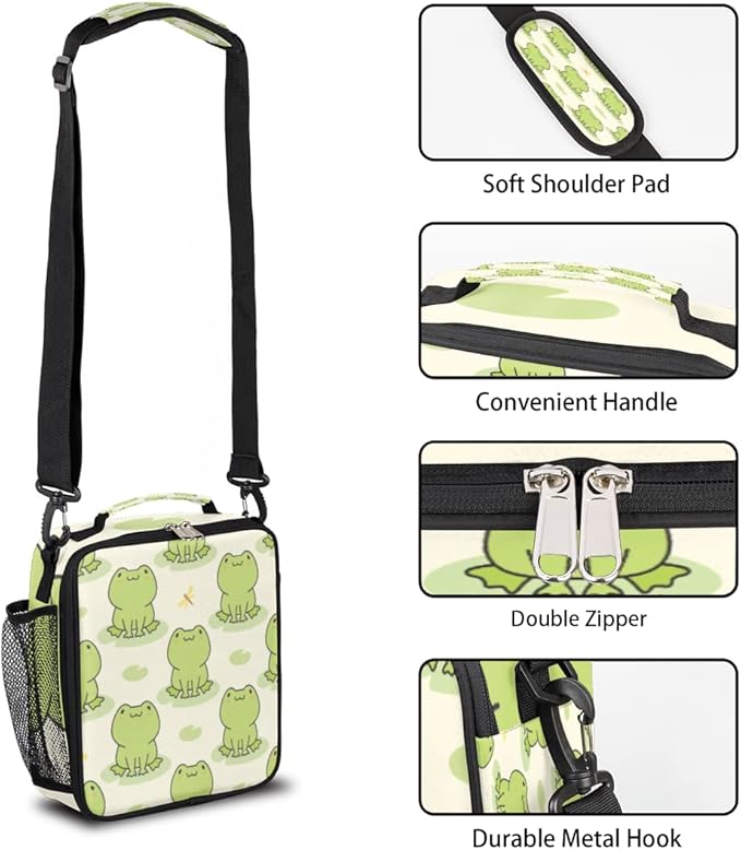 Cute Frog Kids Lunch Box Animal Frog Insulated Lunch Bag Tote for Girls Boys Cooler Freezable Meal Prep Bag with Shoulder Strap Waterproof Lunch Container for School Office Picnic