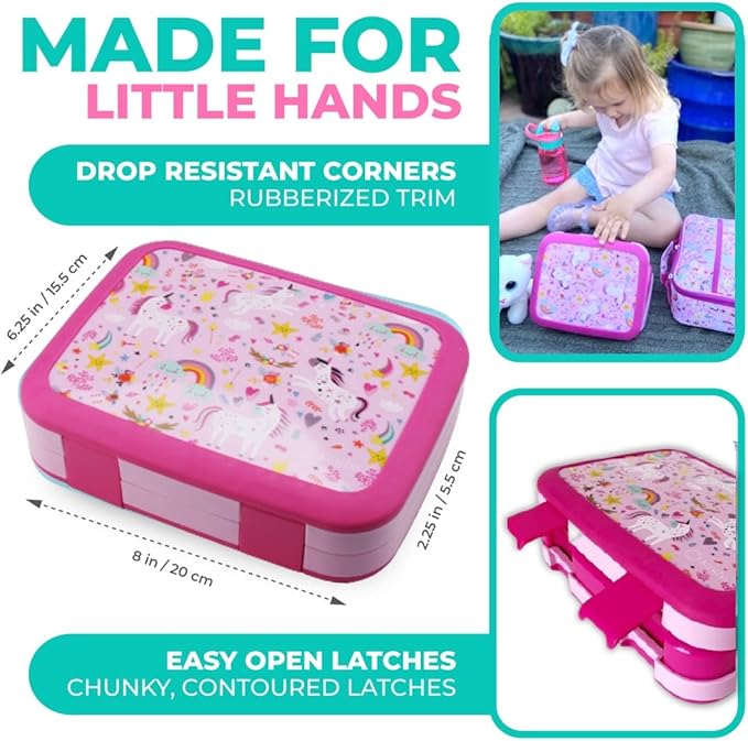 kinsho Bento Lunch Box with Insulated Bag and Water Bottle Set for Kids Toddlers, 4 Portion Sections, Removable Tray, Pre-School Girl Toddler Daycare Lunches, Snack Container, Pink Unicorn