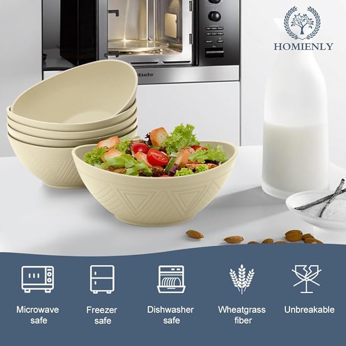 Homienly Salad Bowls Set of 6, 60 OZ Large Wheat Straw Bowls for Kitchen, Camping, Party, Unbreakable Lightweight Popcorn Bowl, Microwave and Dishwasher Safe Bowl Set with Unique Texture - Beige