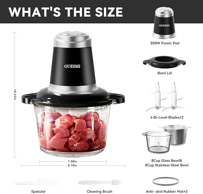 Food Processors, Powerful 500W Food Chopper Meat Grinder & Veggie Chopper with 2 Bowls(8 Cup+8 Cup) & 2 Bi-Level Blades with Electric Food Copper Motor -Vegetable, Onion, Garlic, Meat, Nuts