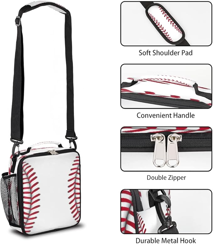 Kids Lunch Box Baseball Pattern Insulated Lunch Bag Tote for Girls Boys Sport Cooler Freezable Meal Prep Bag with Shoulder Strap Waterproof Lunch Container for School Office Picnic