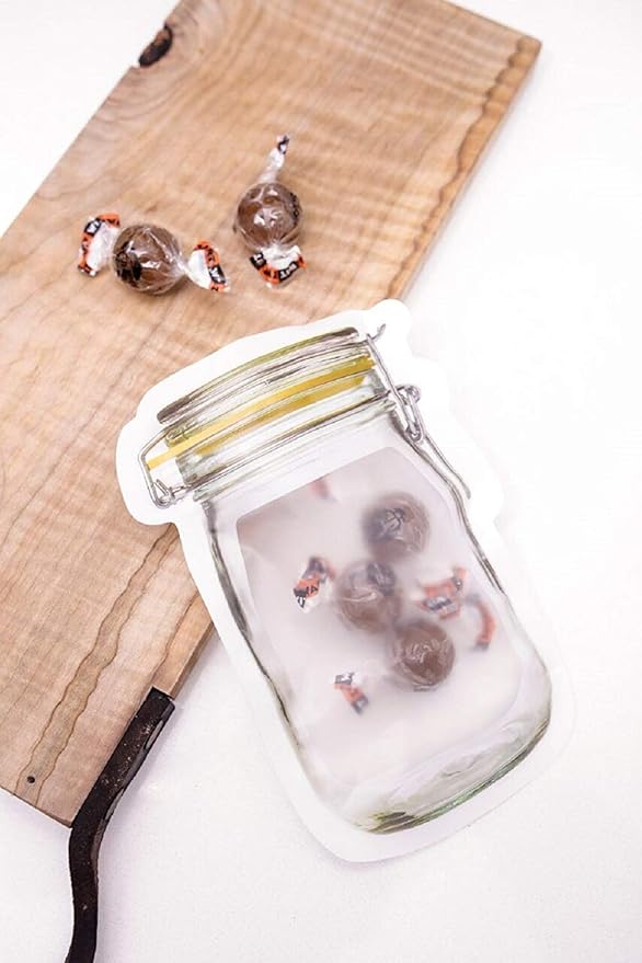 10Pcs Mason Jar Pattern Food Storage Bag Reusable Portable Stand Up Smell Proof Ziplock Bags Snack Saver Container Retail Package Bag Frosted Pouches Yellow 6×4.2in (15.7×10.5cm)