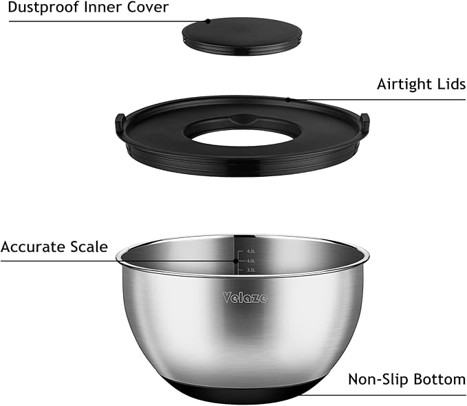 Velaze Mixing Bowls Set of 5, Stainless Steel Nesting Bowls with Airtight Lids, 3 Grater Attachments, Non-Slip Bottom & Measurement Marks, Size 5, 3, 2, 1.5, 1 QT for Mixing & Prepping