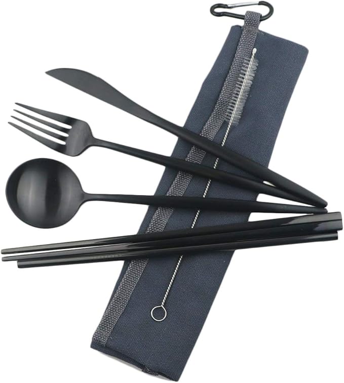 Reusable Travel Utensils, 7 Piece Portable 304 Stainless Steel including Knife Fork Spoon Chopsticks Cleaning Brush Straws Portable Pouch, Eco-friendly Camping Silverware Set, Dishwasher Safe