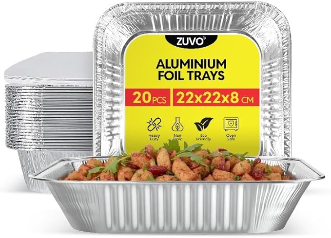 Large Disposable Aluminium Foil Trays Containers with Paper Lids 25x25x4 cm, Takeaway Containers Good for Baking Roasting Broiling Cooking Food Storage (20 Trays and Lids)