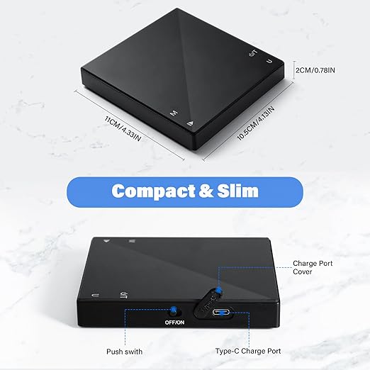 Coffee Scale with Timer, 2kg Capacity, 0.1g Precision, Timemore Scale Rechargeable, Mini Digital Espresso Scale with Tare Function, Black