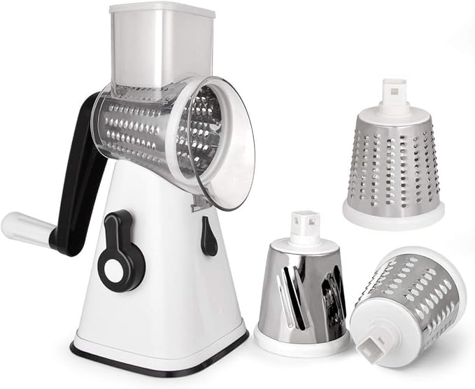 Manual Rotary Potato Grater Kitchen Mandoline Vegetable Slicer,with 3 Interchangeable Blades,Easy to use (White)