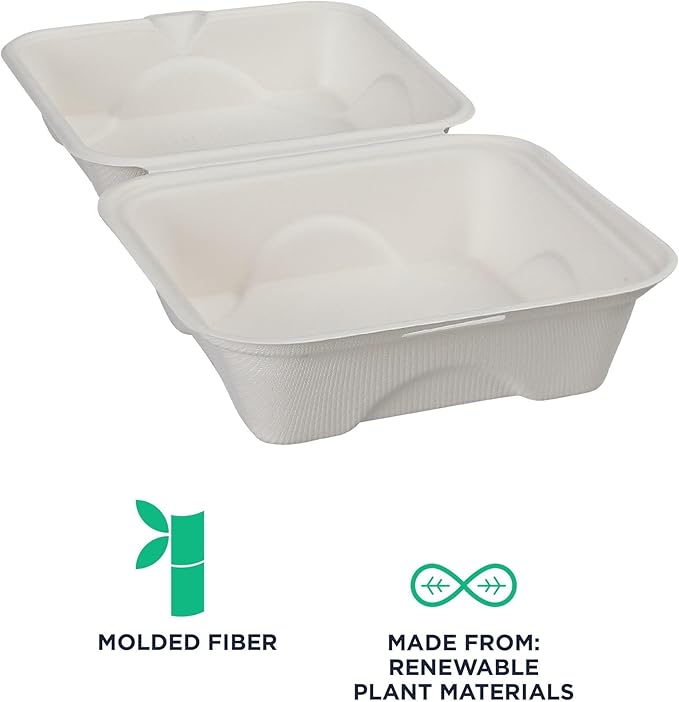 Eco-Products Compostable Vanguard 6" Clamshell Sandwich Containers, Case of 500, To Go Food Burger Box, White Renewable Molded Fiber, Grease Resistant, No-Added PFAS, ASTM Compliant, BPI-Certified
