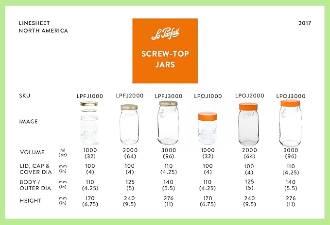 Le Parfait Screw Top Jars - Wide Mouth French Glass Preserving Jars - Zero Waste Packaging (4, 1000ml - 32oz - 1L Gold Lid)