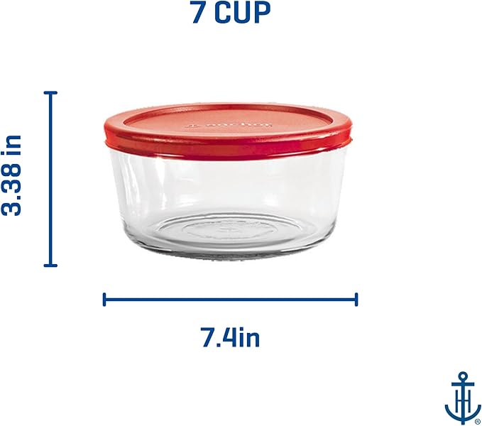 Anchor Hocking SnugFitTM Round Food Storage Containers with Lids (4-Piece, 7-cup, Red, oven-safe)