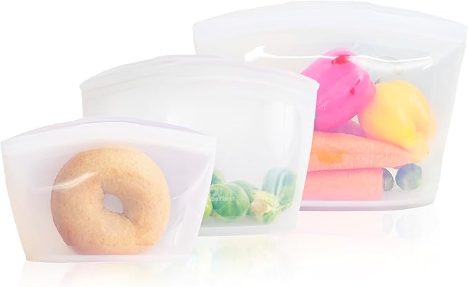 Platinum Silicone Food Grade Reusable Storage Bag, 3set Leak-Proof Airtight Seal, BPA-Free, Microwave, Freezer & Dishwasher Safe, Heat Resistant Sous Vide,Silicone Snack Bags, White