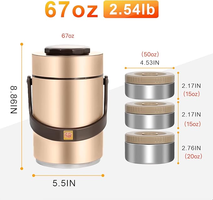 67 oz Adults Stainless Steel Vacuum Insulated Wide Mouth Soup Food Thermos Hot Food Jar with Keep Thermal Portable 3 Tier Stackable Bento Hot Food Containers Lunch Boxes (67 oz Gold)