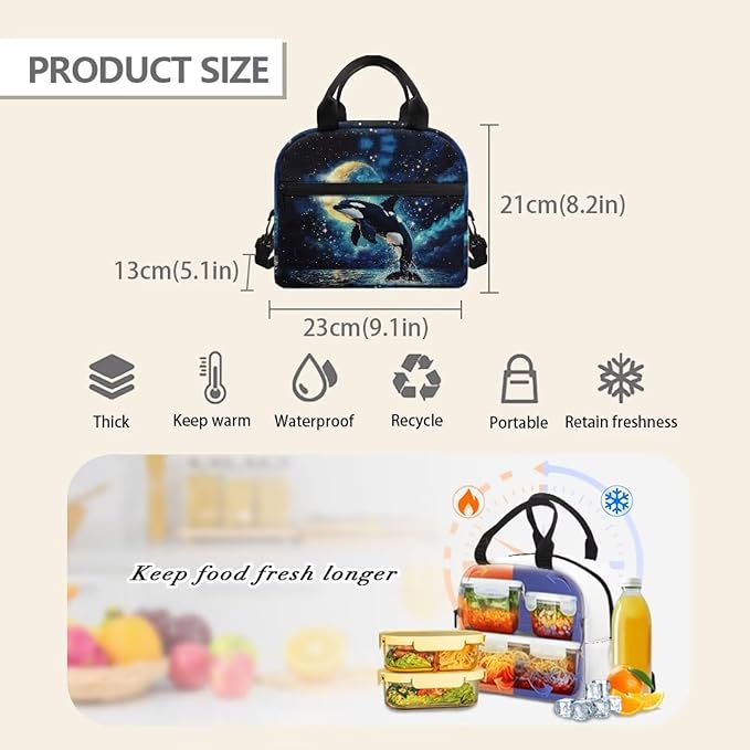 Showudesigns Killer Whale Lunch Box for Teen Girls Middle School Kids Lunch Bag 10-12 12-14 Insulated Lunchbox Purse with Adjustable Shoulder Strap Thermal Meal Organizer Blue