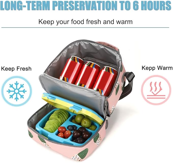 Tilami Lunch Bags Insulated Adjustable Strap Zipper, Two Compartments Cooler Bags, Bento Bags for Kids Toddlers, Cactus