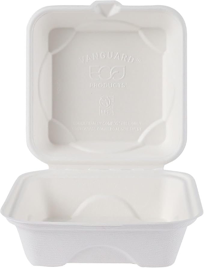 Eco-Products Compostable Vanguard 6" Clamshell Sandwich Containers, Case of 500, To Go Food Burger Box, White Renewable Molded Fiber, Grease Resistant, No-Added PFAS, ASTM Compliant, BPI-Certified