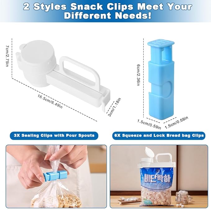 zxbaers 3PCS Food Bag Sealing Clip with Pour Spout and 6PCS Squeeze and Lock Bread Bag Clips, Bread Clips Resuable, Snack Clip for Cereal, Snacks And All Food Storage and Organization