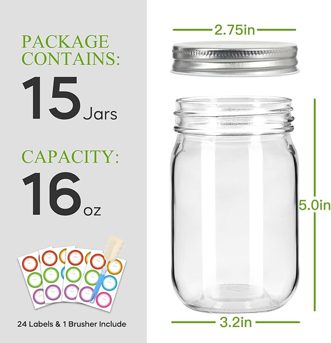Mason Jars 16 oz with Sliver Lids, 15 Pack Canning Jars, Clear Regular Mouth Glass Jars for Canning and Fermenting, Labels & Brusher Included - Microwave & Dishwasher Safe