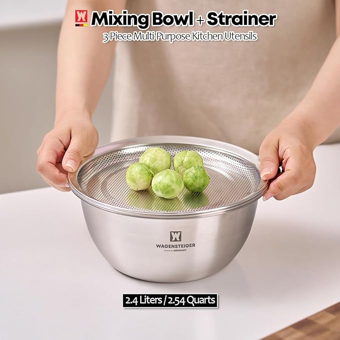Stainless Steel Mixing Bowl Set (3-Piece) – Multifunctional Food Prep & Baking Tools with Strainer and Serving Tray, Oil Drain Tray, Nesting Storage, Easy Measurement Marks (8.66 Inch)