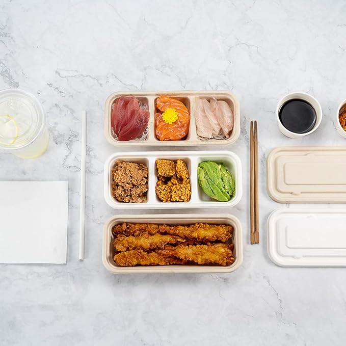Restaurantware Pulp Tek 9.2 x 3.8 x 1.8 Inch Takeaway Food Boxes 100 Microwavable Take Out Containers - Lids Sold Separately Freezable White Bagasse Catering Food Containers 3 Compartments