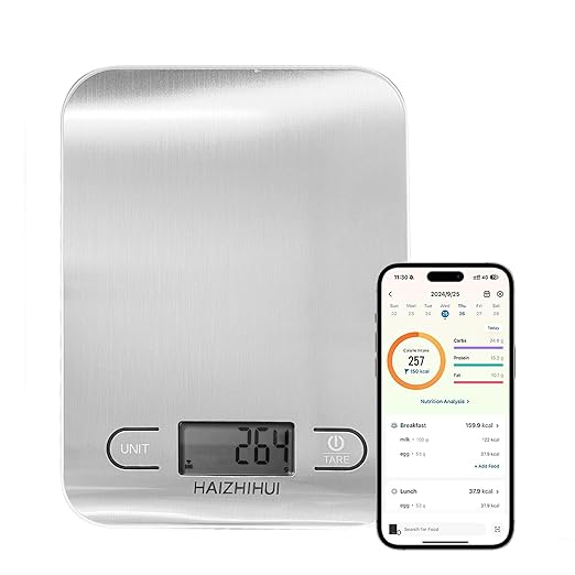 Fitdays Food Scale with Nutritional Calculator, Digital Kitchen Scale for Weight Loss, Smart Food Weight Scale with App for Calorie Cooking, Grams and Ounces, White, 11lb/5kg (KT630-WHITE)