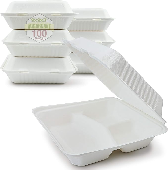 Green Earth 9-Inch, 100-Count, 3-Compartment, Compostable Clamshell, Natural Bagasse (Sugarcane Fiber), Take-Out/to-Go Food Boxes - Biodegradable Containers, Hinged Lid Microwave-Safe Gluten-Free