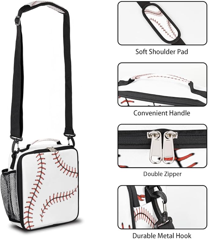 Sport Baseball Kids Lunch Box Baseball Lace Insulated Lunch Bag Tote for Girls Boys Cooler Freezable Meal Prep Bag with Shoulder Strap Waterproof Lunch Container for School Office Picnic