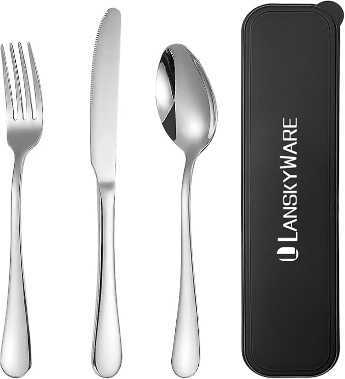 Portable Utensils Set with Case,Reusable Office Flatware Set,Healthy Travel Cutlery Set 3 PCs Stainless Steel Fork, Spoon,Knife Cutlery Ideal for Travel, Lunch Box and Camping (Silver-3PCs)