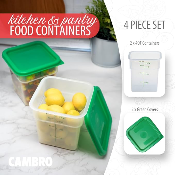 Cambro Food Storage Container with Lid (BPA-Free) - 2 Pack - Classic Series Square with Green Lid - 4 QT (Quart) - Commercial Grade for Food Prep (Translucent)