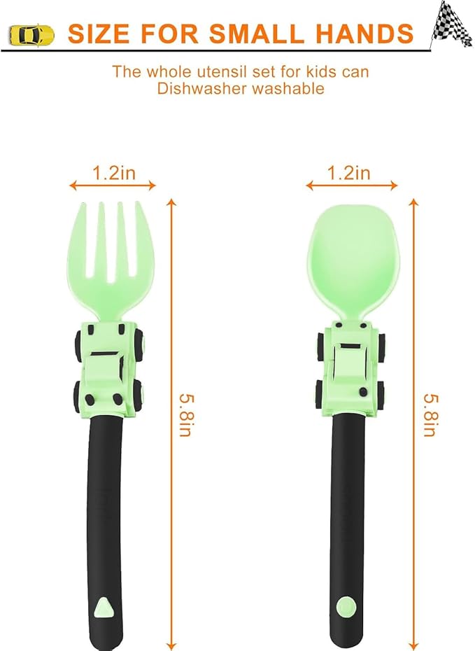 Construction Toddler Utensils - Toddler Forks and Spoons - Kids Spoon and Fork Set - Suitable for Kids Utensils - Easter Gifts, Portable Silverware Set for 1 2 3 4 5 year old Toddlers, Green