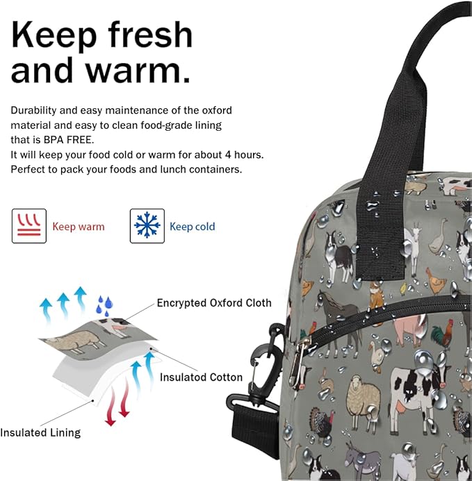 Insulated Lunch Bag for Women Men Farm Animals Leakproof Cooler Tote Bag Large Reusable Adult Lunch Box with Adjustable Shoulder Strap for Office Work Picnic Travel Beach