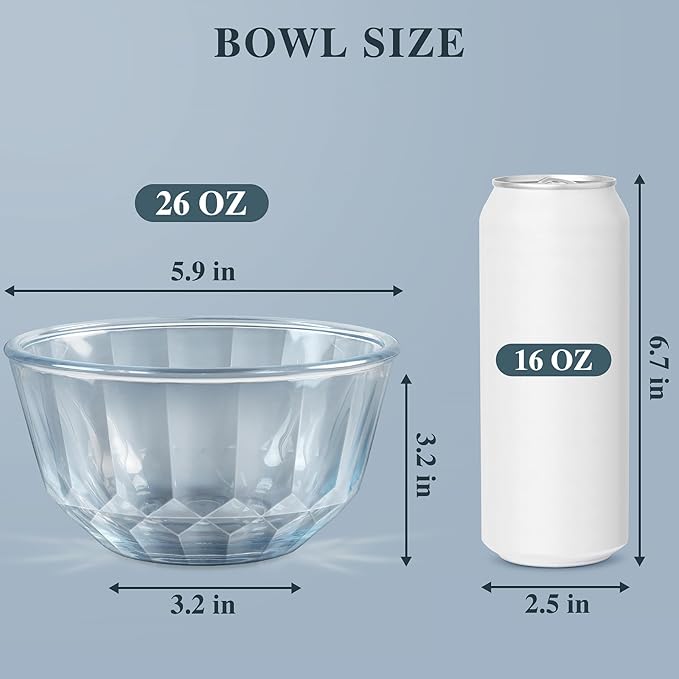 Freshmage 6 Pack Soup/Cereal Bowls Set, Extra Thick and Anti Resistant, 26oz Round Glass Diamond Cutting Kitchen Bowls, Microwave/Freezer/Dishwasher safe